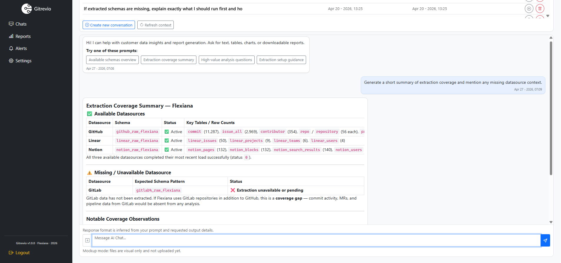 Gitrevio dashboard showing AI-powered engineering data analysis